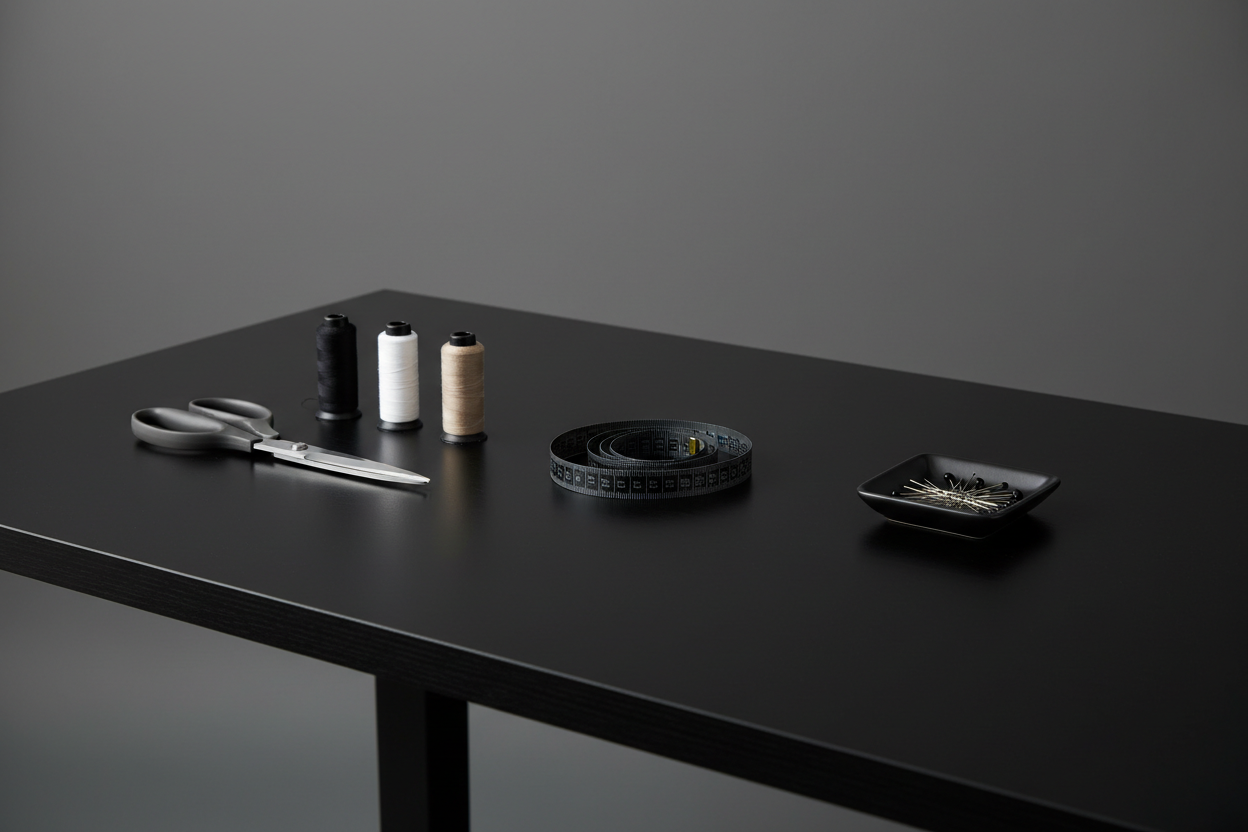 a black sewing table with minial sewing tolls