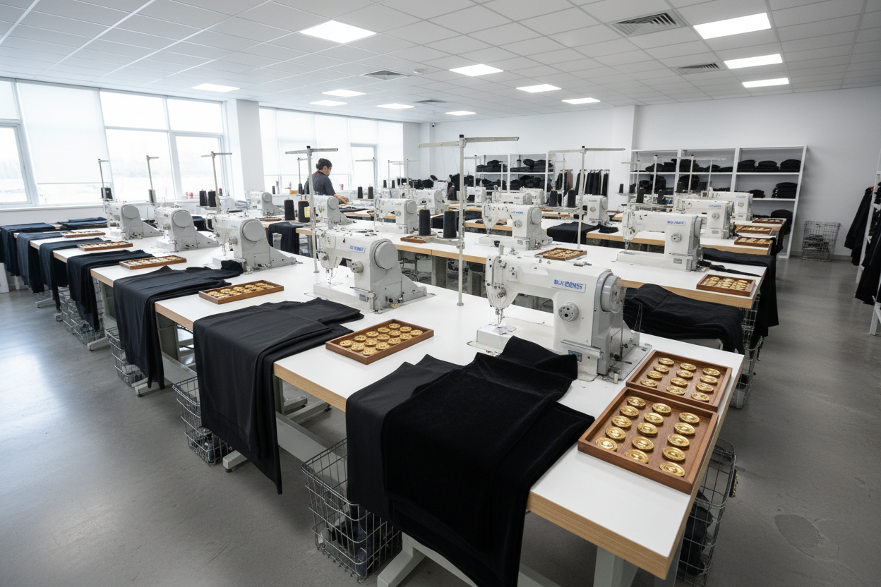 a clean sewing production room with black fabric and gold buttons with white sewing machine