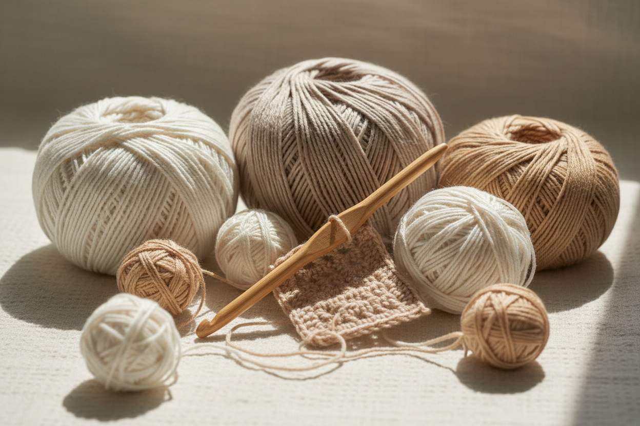 a cream backgrounf with yarn and crochet hook