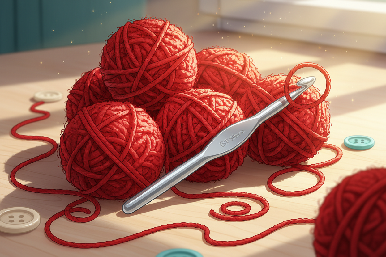 YARN AND CROCHET HOOK ANIMATED IMAGE IN RED